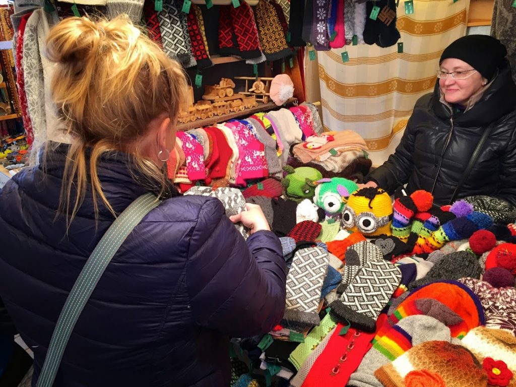 Shopping in Riga, Latvia, handmade knitted gloves