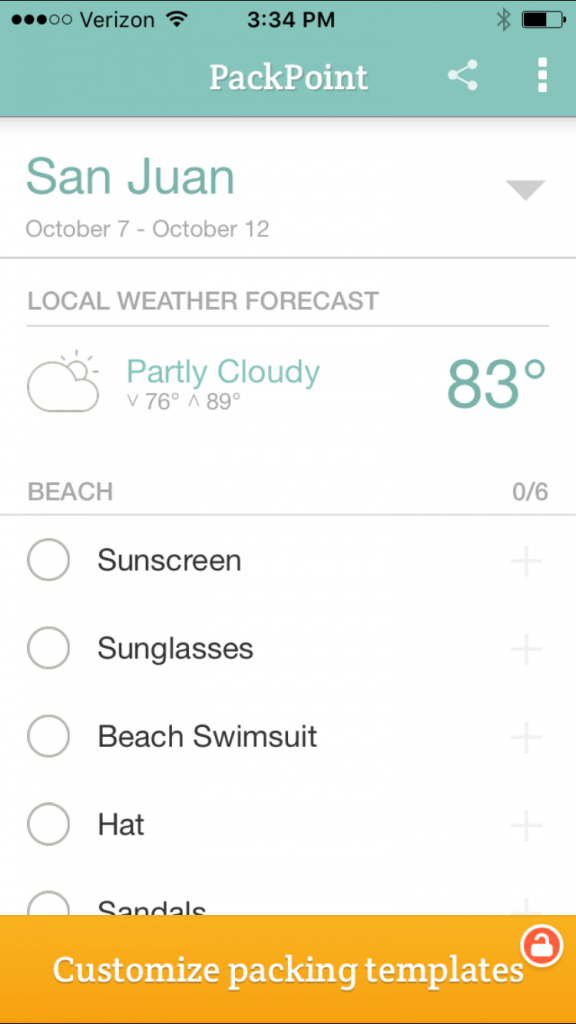 Screen shot PackPoint app packing list for Puerto Rico
