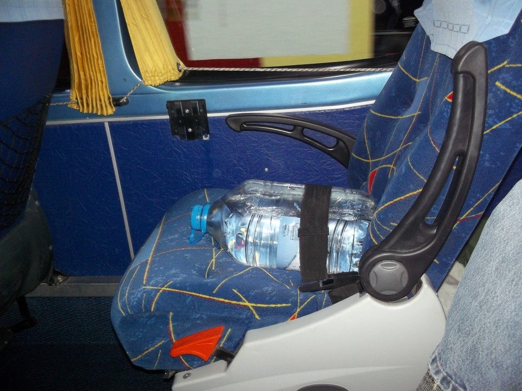 Water bottles in a bus