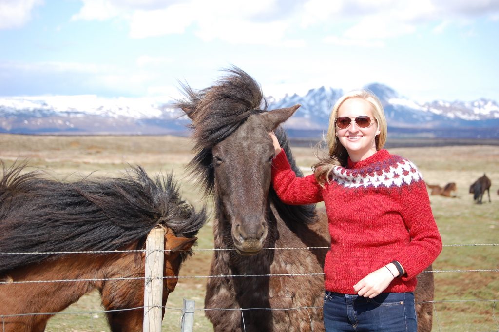 Iceland horses wind girl red sweater