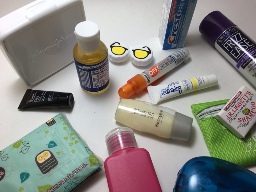 packing light tools, travel-sized toiletries.