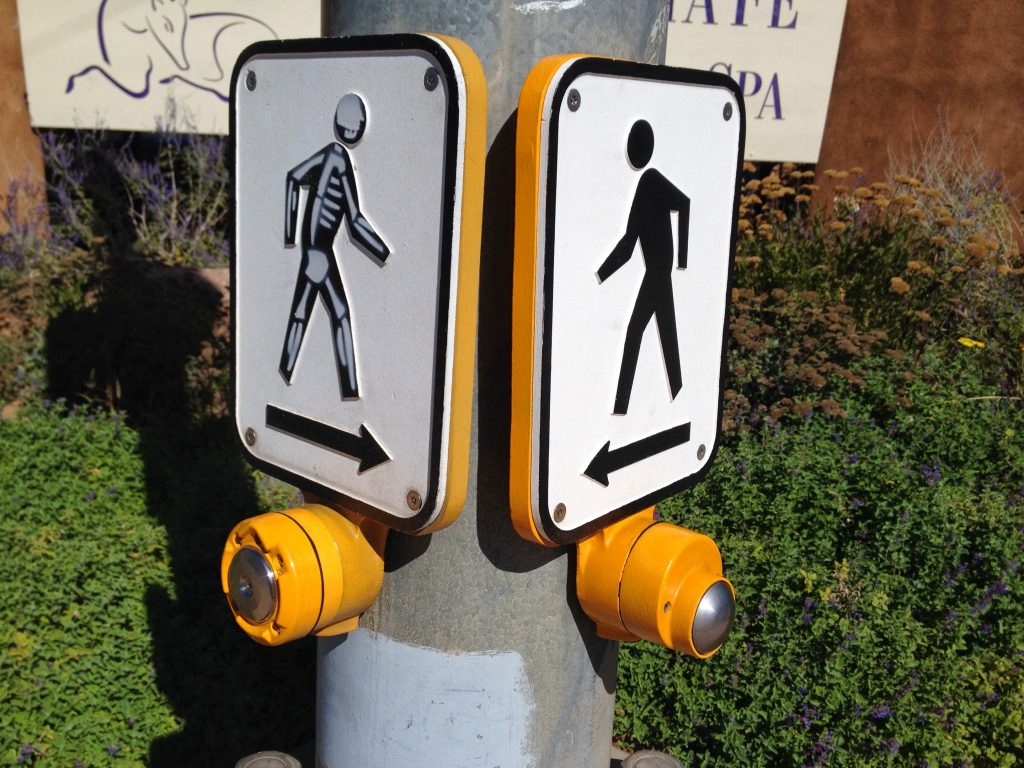 Crosswalk signal in Santa Fe at Halloween