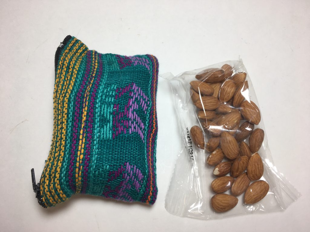 Small travel pouch, almonds, small item packing checklist