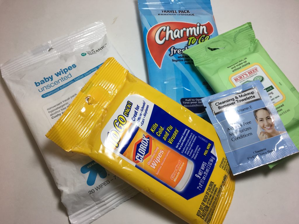 travel wipes, small item packing checklist