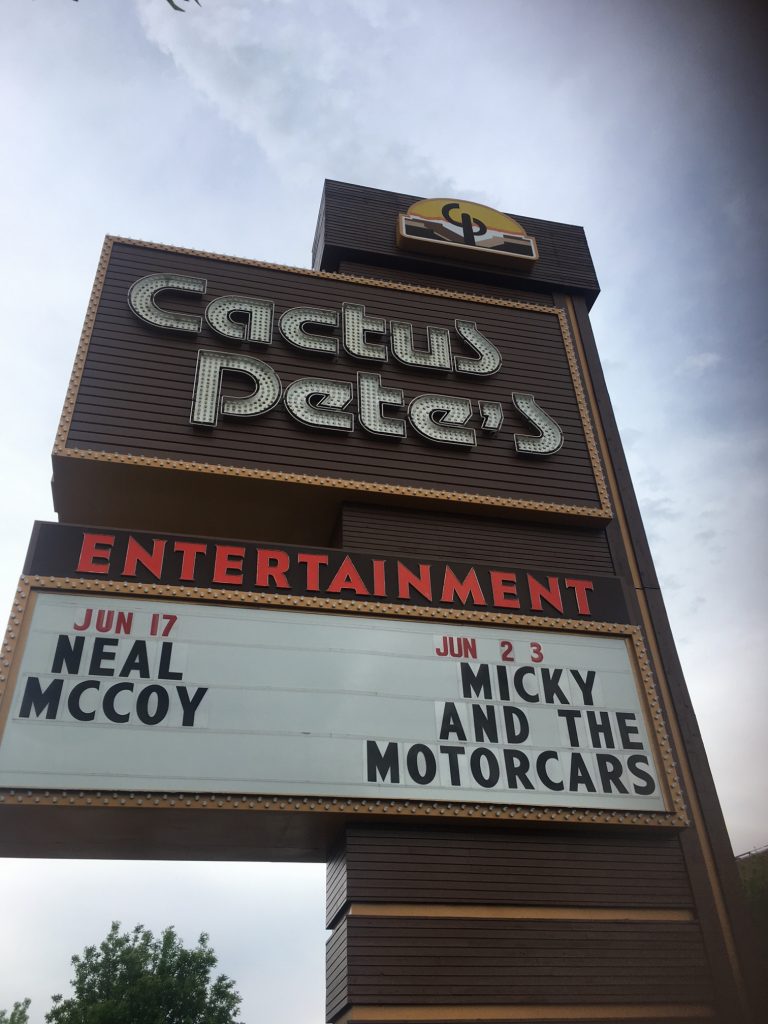 Cactus Pete's reader board with Micky and the Motorcars, casino, weekend getaway, Jackpot, Nevada