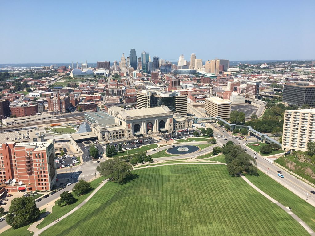 Kansas City skyline, blue skies view from monument
