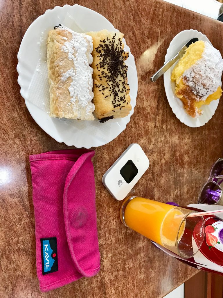 Mifi, pastries, and o.j.