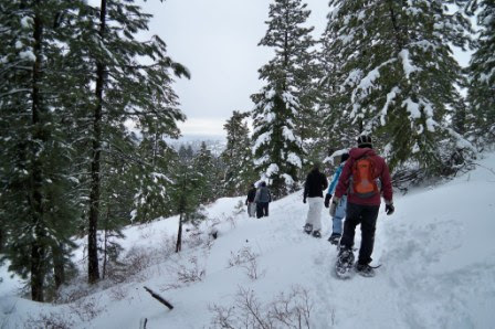 Friends snowshoeing at Bogus Basin in Idaho winter travel