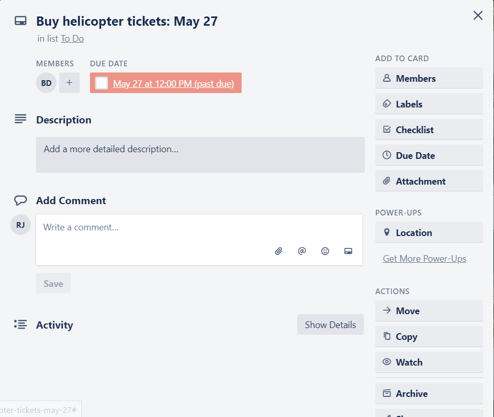 Trello travel board showing due dates.