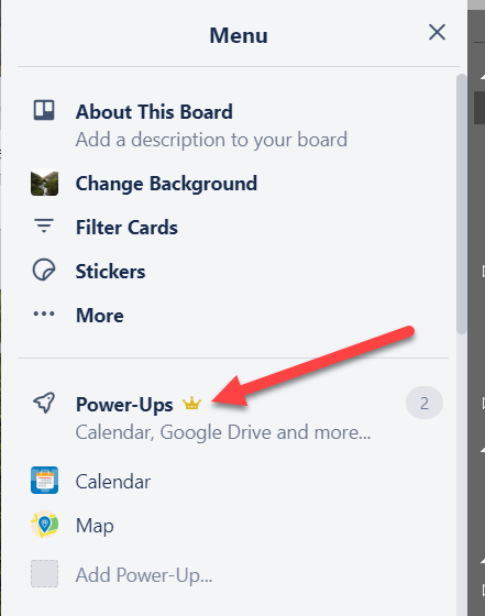 Travel trello board showing power ups.
