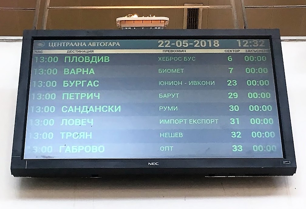 5 random travel tips. Bus station reader board in Cyrillic.