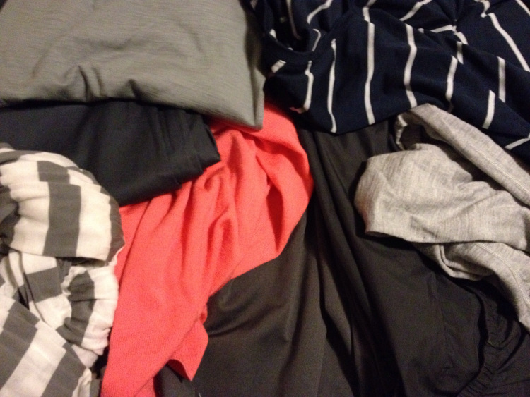 Navy, gray and coral travel clothes