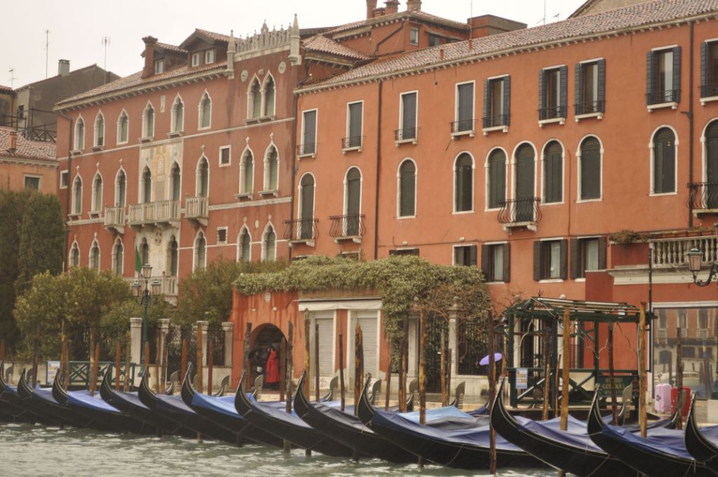 Blue boats in Venice, Italy.