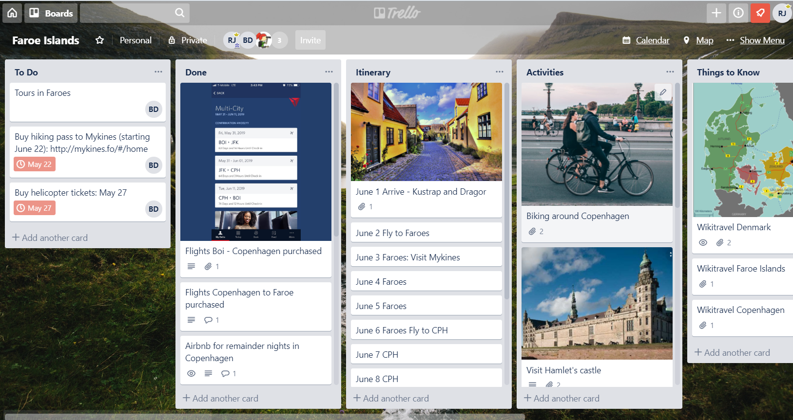 Trello board for planning vacation