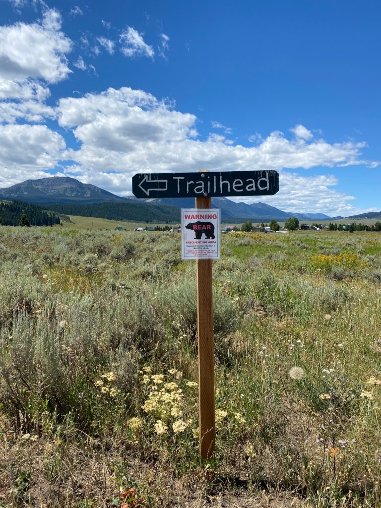 Trailhead sign with bear warning at Henrys Lake.