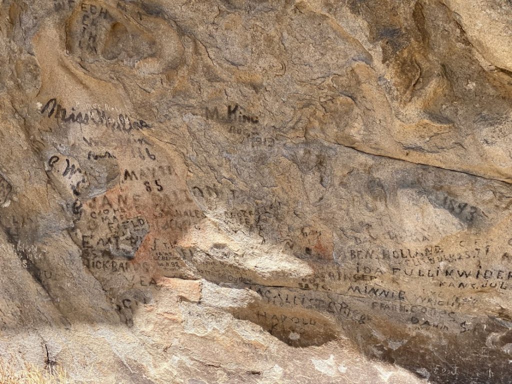 California settlers' names engraved in the rock at City of Rock.