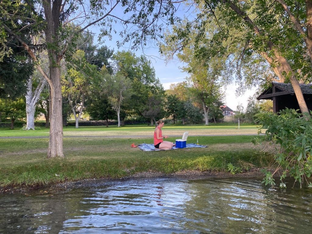 girl, picnic by the water