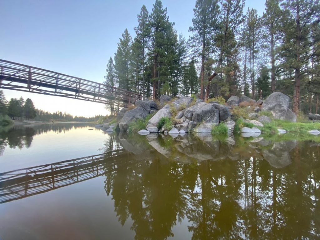 bridge reflection on the water at Winchester Lake State Park