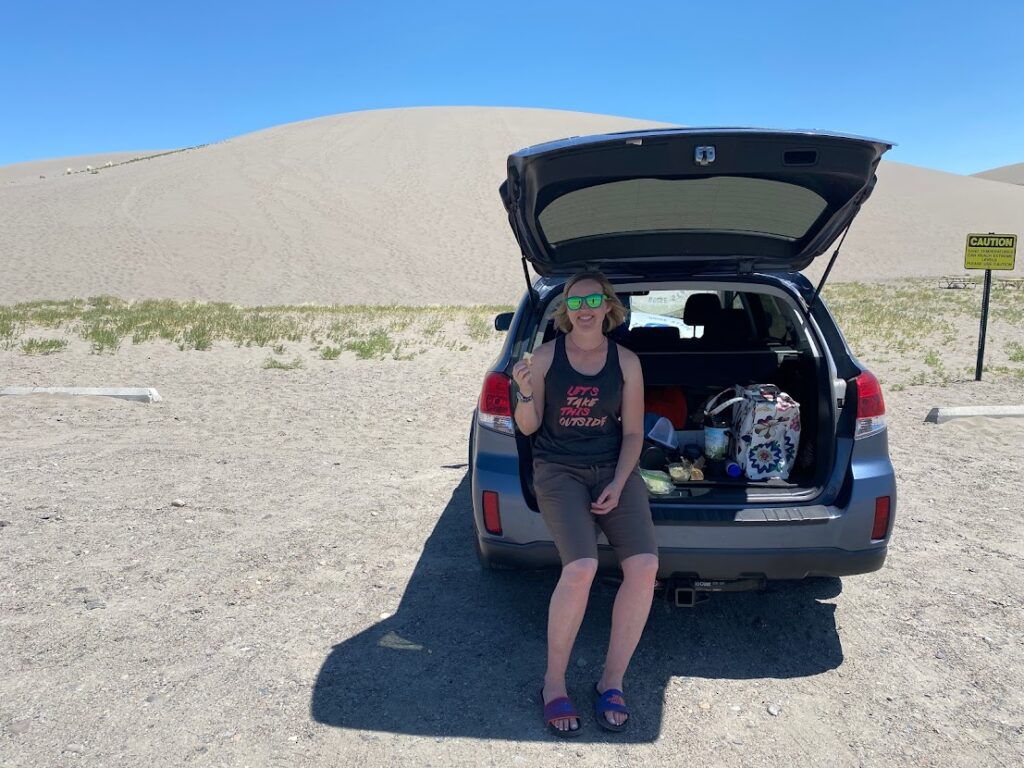 Eating out of a Subaru as part of an Idaho State Parks Challenge