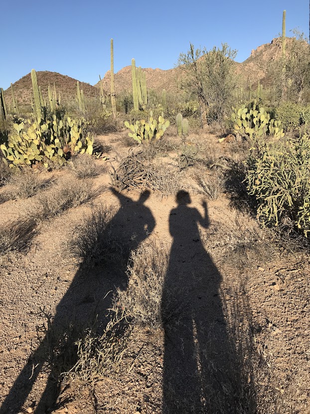 Two shadows in Saguaro National Park on the first trip of a digital nomad journey