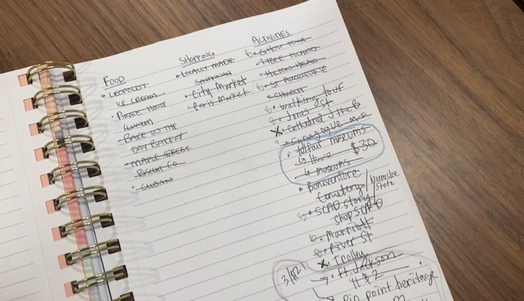 A handwritten list of things to do in Savannah