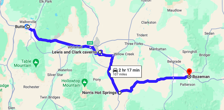 Google map Butte to Bozeman Montana