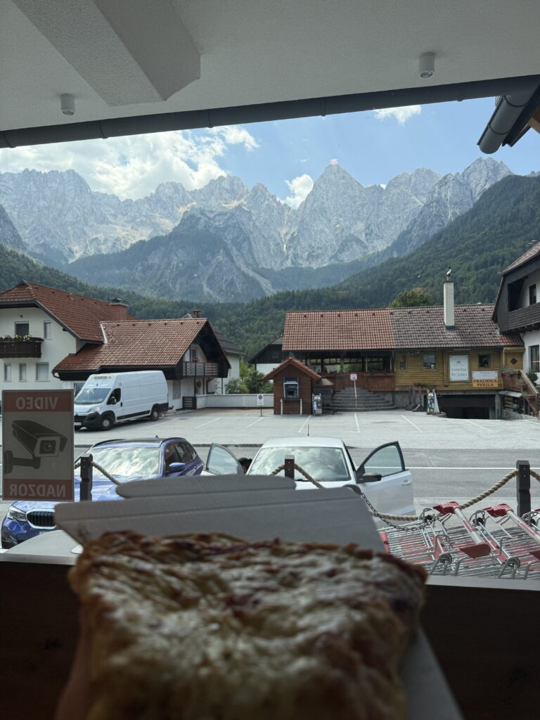pastry with mountains outside the window