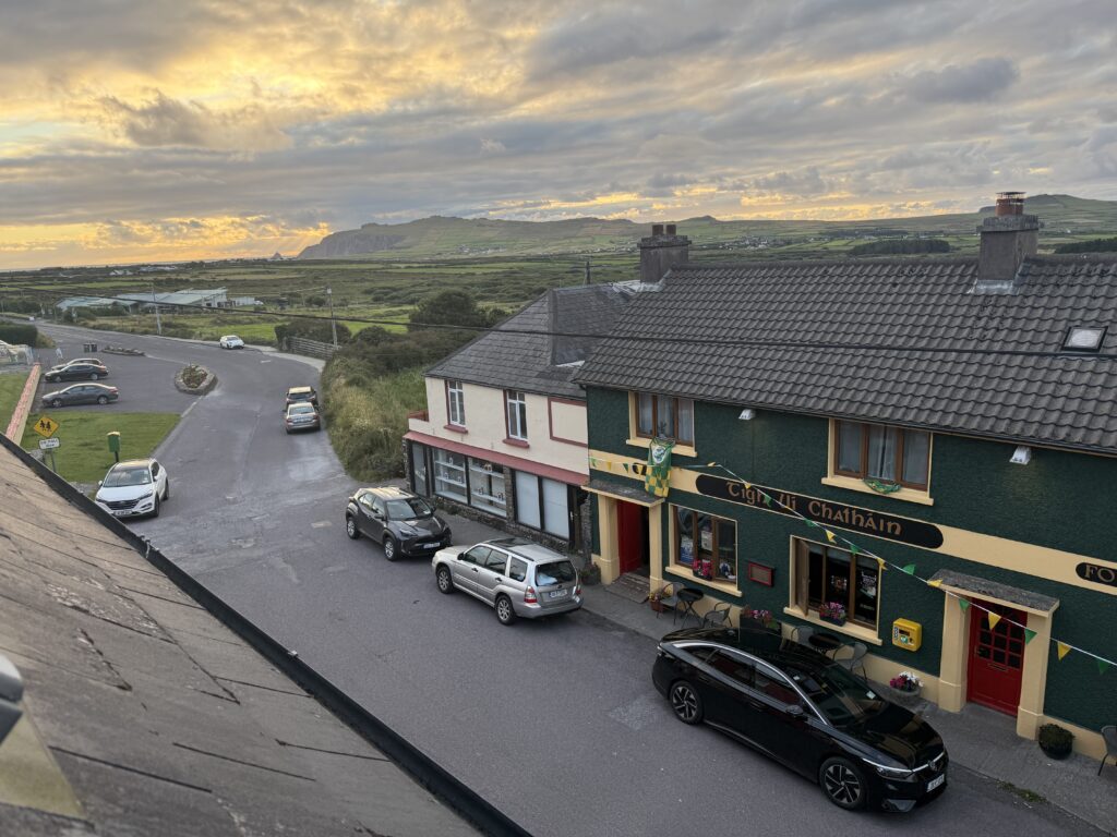 sun set on quaint buildings