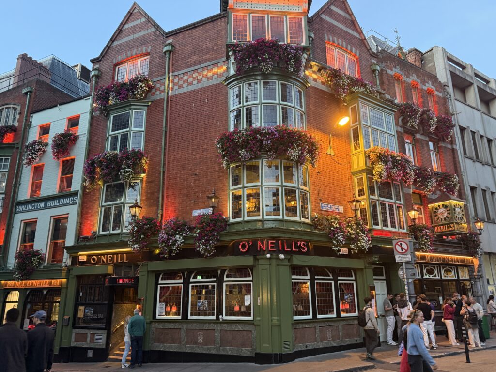 pub with lights and flowers