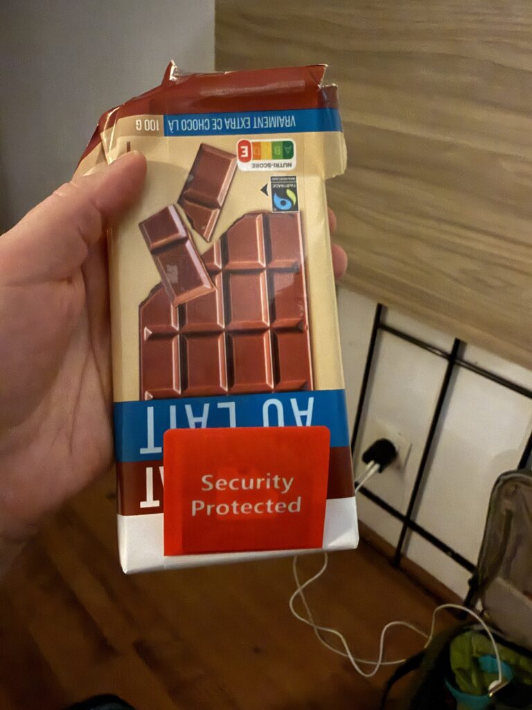 Chocolate bar with red tag