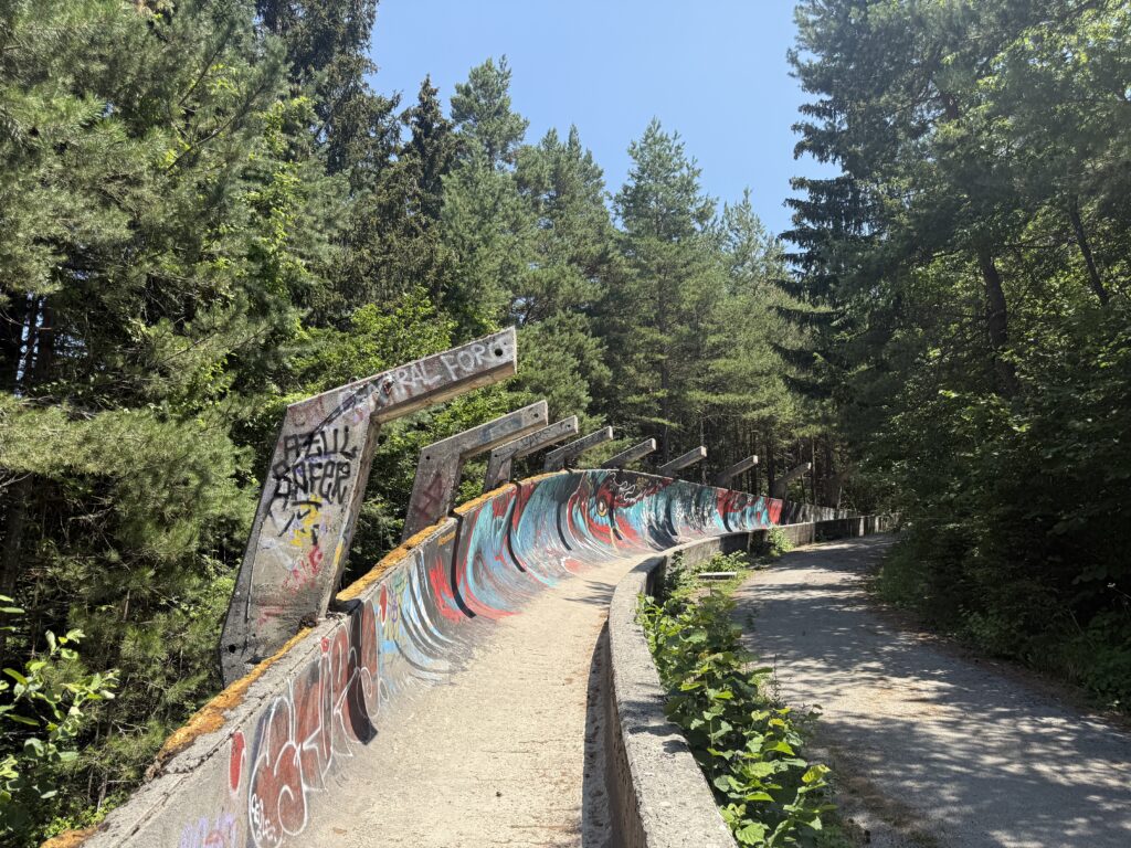 grafiti on cement bobsled track in front of trees